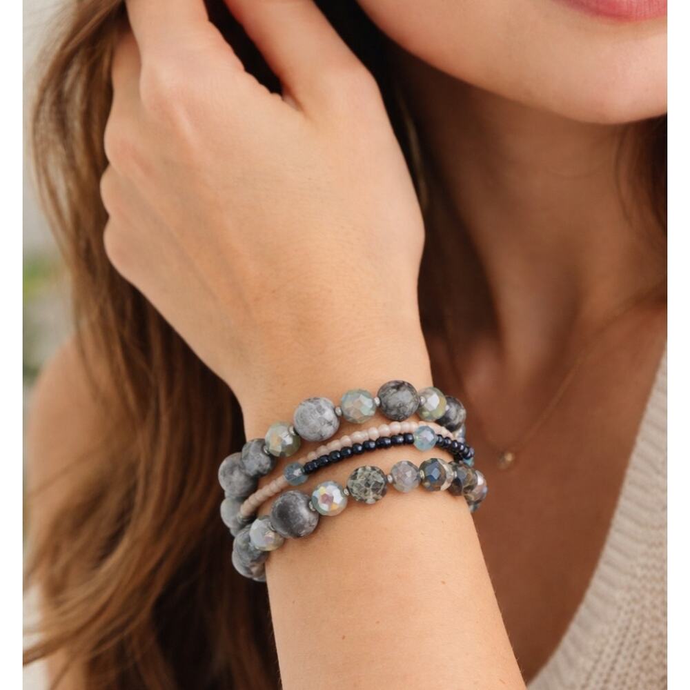 Pomina Semi Precious Gray Stone Stretch Bracelet Stack New